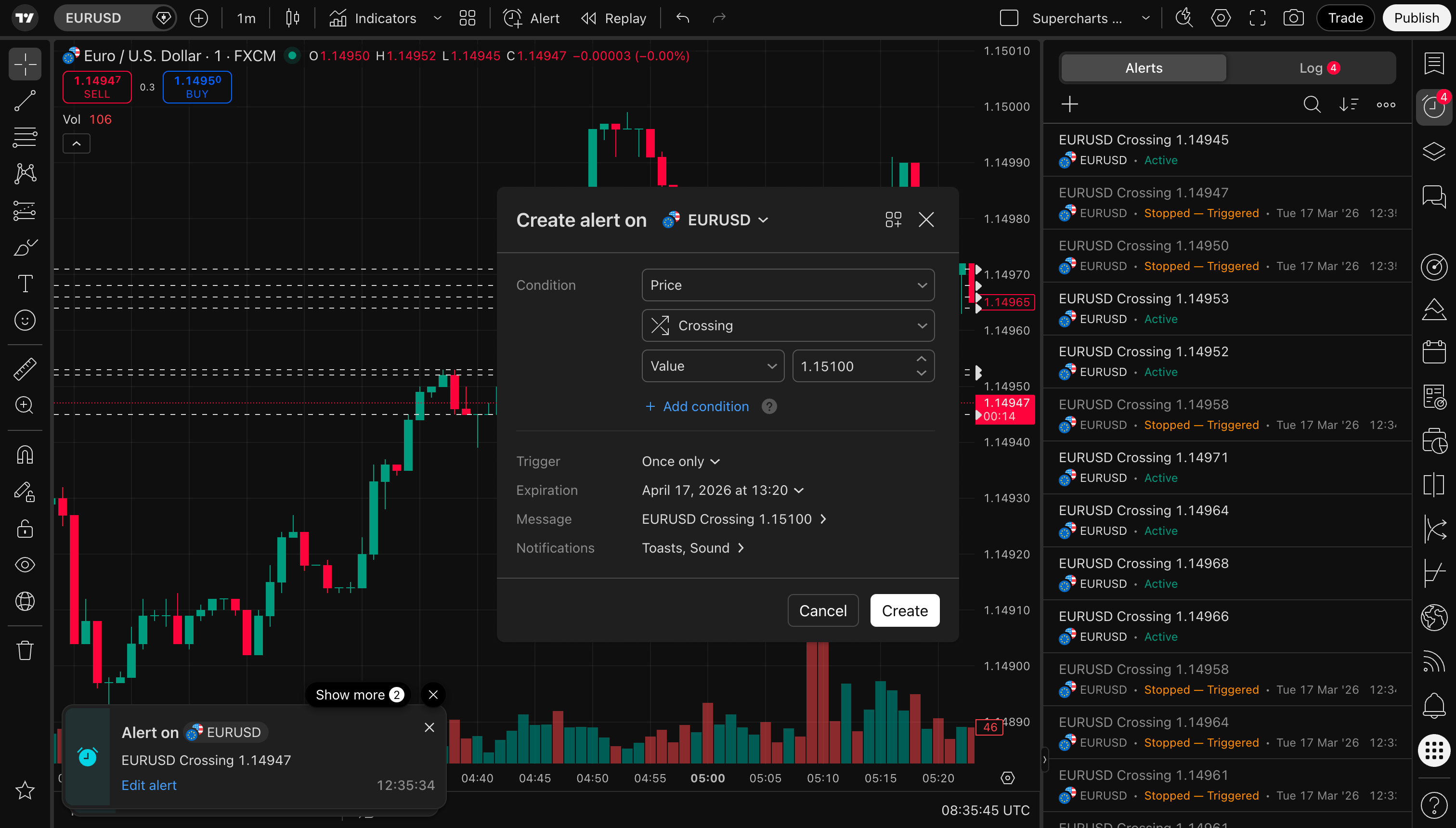 TradingView Alerts media-kit screenshot showing alert management for a watchlist workflow.
